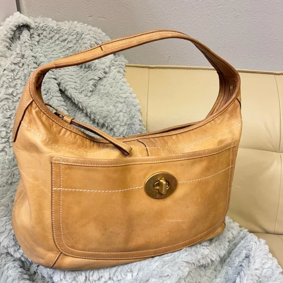 Coach Tan Leather Hobo Shoulder Bag with Gold Turnlock