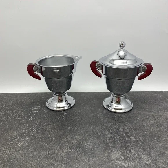 As‎ Is Vintage Art Deco Chrome Creamer & Sugar Cherry Red Bakelite Handles