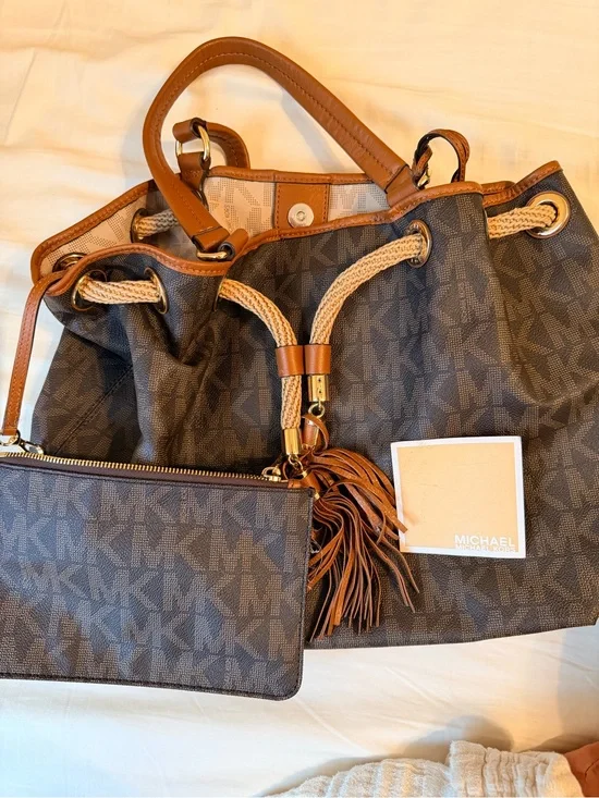 Michael Kors Brown and Tan Logo Drawstring Tote with Wristlet