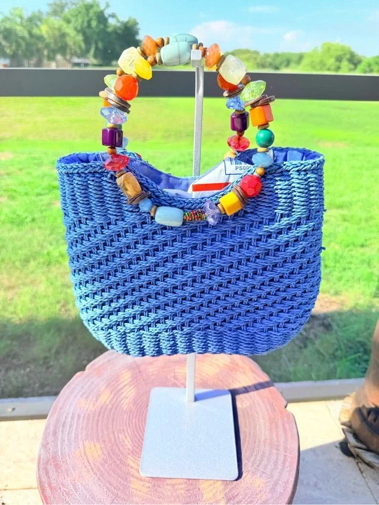 Cappelli Straworld Blue Woven Straw Tote Beaded Handle Summer Beach Bag EUC