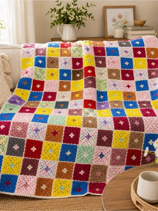 Handmade Crochet Granny Square Throw Blanket Vintage Pastel Afghan 53” x 64”