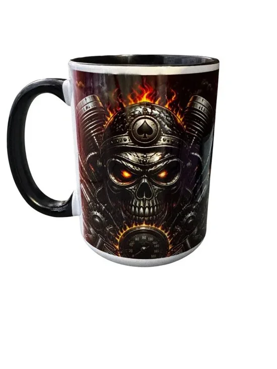 Flaming Skull Biker Ceramic Coffee Mug, 15 oz