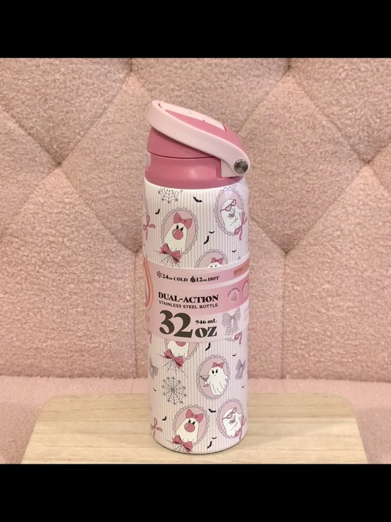 Pink Halloween Coquette Ghosts 32 oz Dual-Action Stainless Steel Water Bottle