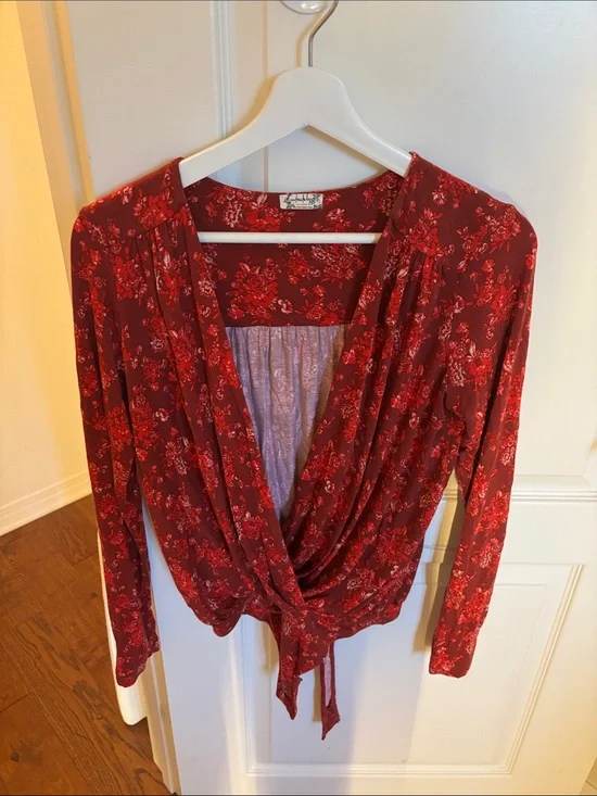 Free People Red Floral Tie-Front Wrap Blouse