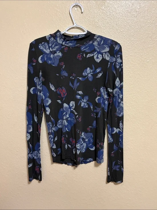 Free People Black Mock Neck Long Sleeve Top with Blue Floral Print