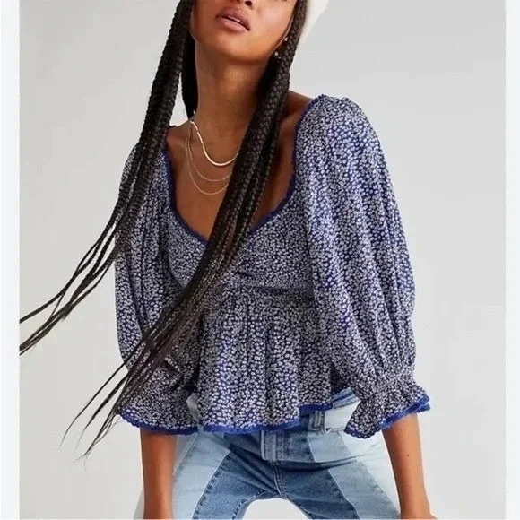 FREE PEOPLE Brittnee Printed Smocked-Back Peplum Top Size Large