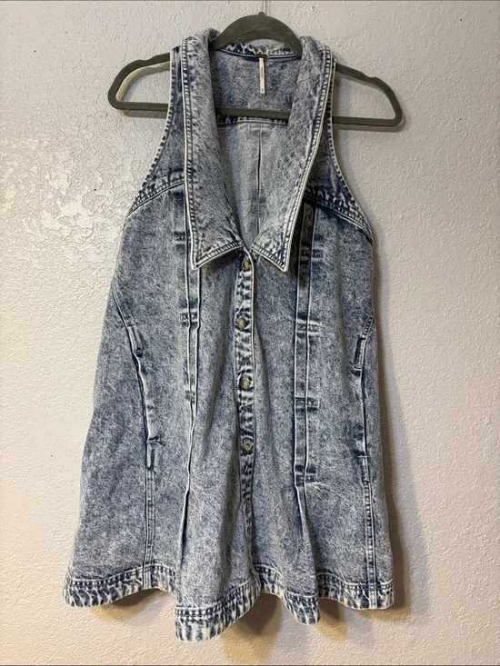 Free People Acid-Wash Denim Vest in Light Blue