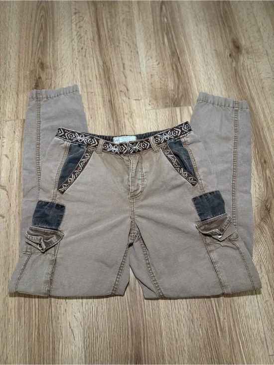 Free People Taupe Cargo Pants with Dark Brown Accent Trim