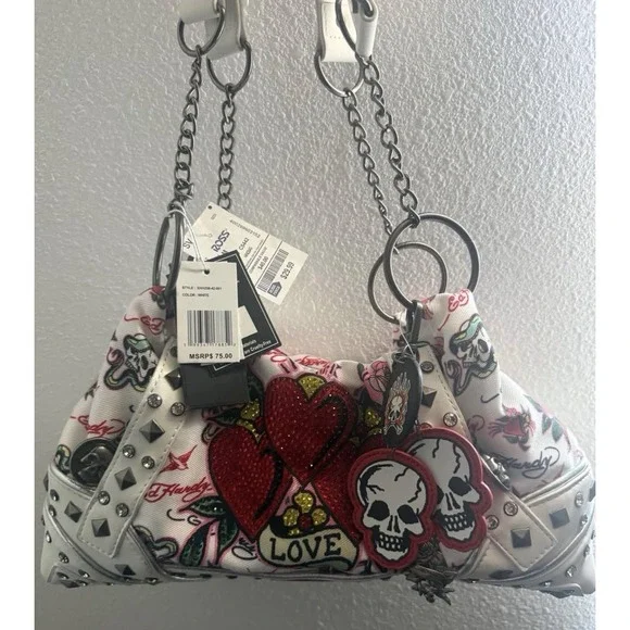 Ed Hardy Studded Rhinestone Hearts Hobo Satchel Shoulder Bag~RosesCharms NWT PT2