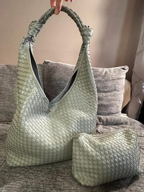 URBN / Anthropologie Woven Love Knot Hobo Bag & Pouch – Sage Mint Green (EUC)