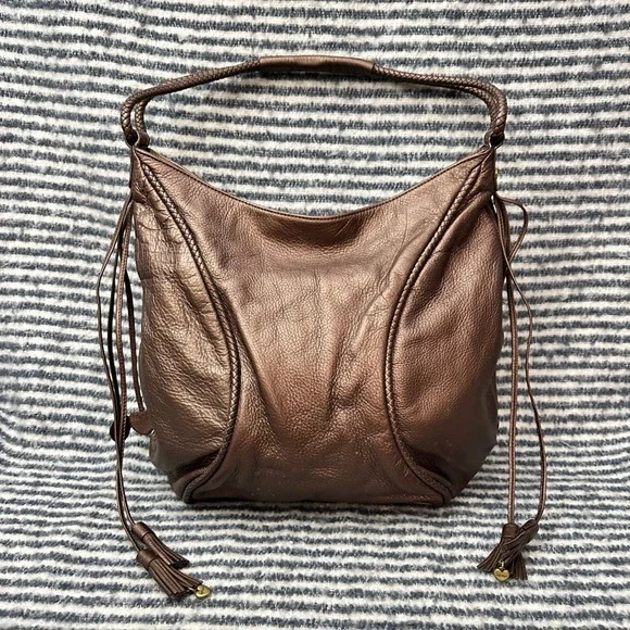 LOVCAT Brown‎ Metallic Leather Zip Hobo Shoulder Bag Fringed Sides