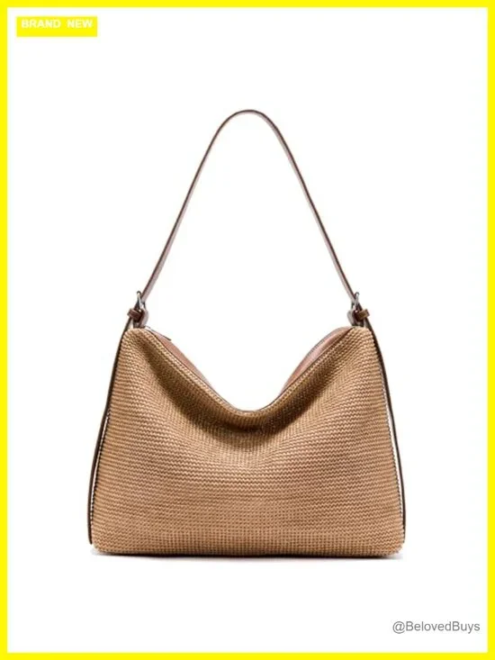 Straw Hobo Bag Crochet Shoulder Tote Woven PU Leather Zipper Crossbody
