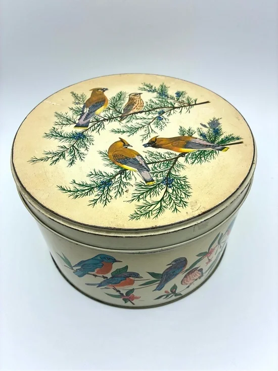 Vintage Tom Sturgis Bird Tin Round Metal Storage Box Cottagecore