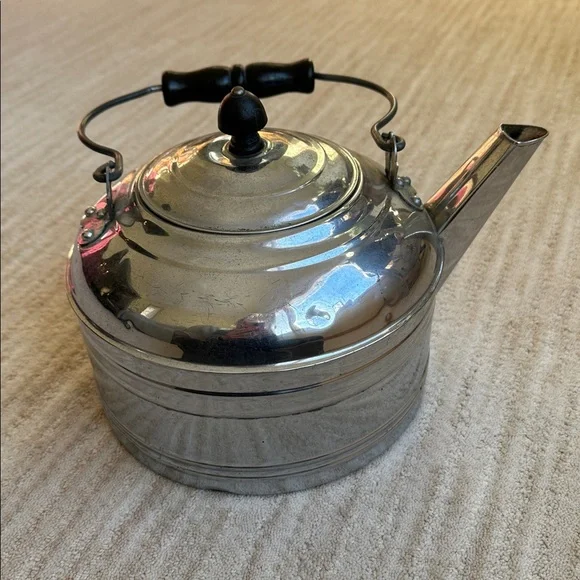 Large Revere Ware Tea Kettle Teapot Solid Chrome Plated Wire Bail Wood Handle