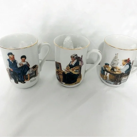 VINTAGE SET Of 5 Norman Rockwell Museum Coffee Mugs Cups White Gold Trim JAPAN