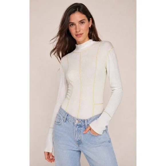Free People Out of This World Bodysuit Women Small Ivory Yellow Ribbed Knit Boho