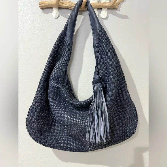 Jennifer Tattanelli Navy Intreccio Woven‎ Leather Tote Bag Blue Slouchy Hobo