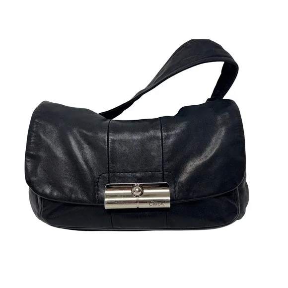 Coach Black Leather Shoulder Bag Flap Turnlock Closure Silver‎ Hardware Hobo