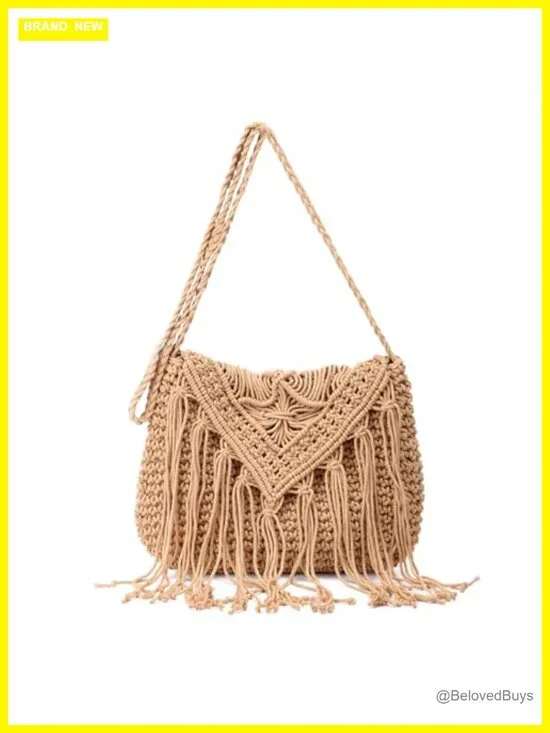 Handwoven Crochet Tassel Fringe Shoulder Bag with Zipper Closure