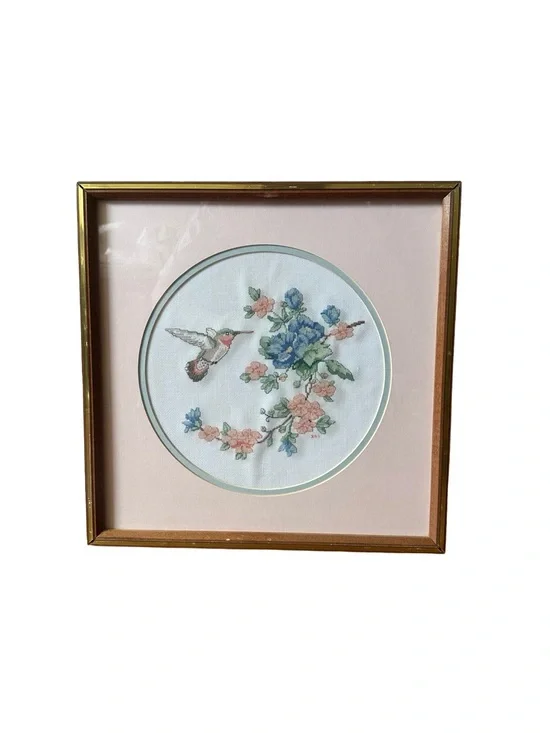 VTG Completed Hummingbird Framed Cross Stitch Art