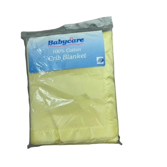Vintage Baby Care 100% cotton crib blanket yellow satin trim 36x50 inches new