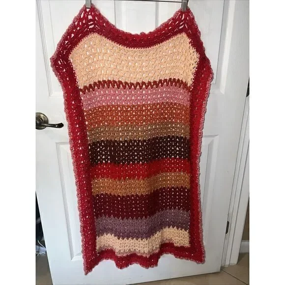 VTG Granny‎ Knit Afghan Lap Throw Hand Made Fall Colors 3.2F X 2.1F (39