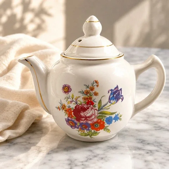 Vtg Porcelain Floral Teapot Gold Trim White Ceramic Tea Pot Multi-Color Flower