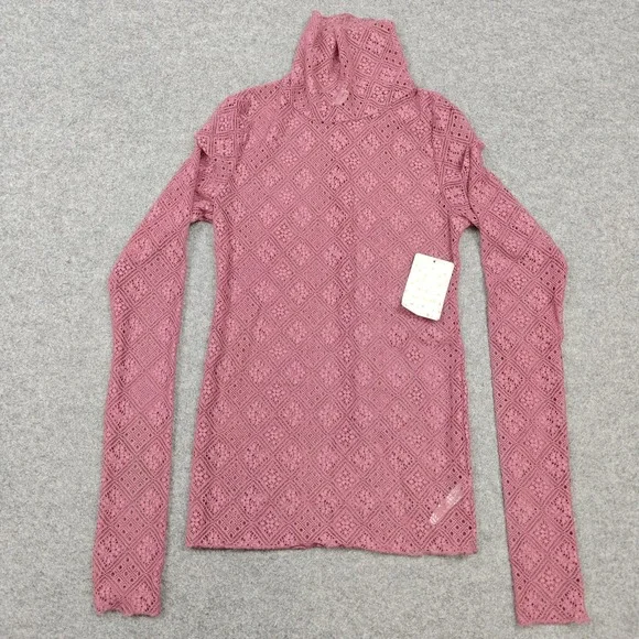 Free People Blouse Womens XS Pink Lace Turtleneck Long Sleeve Sheer Top New