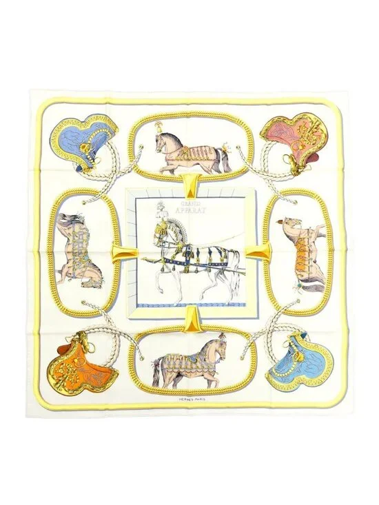 Hermes Carre 90 Grand Apala Cream Gold Multicolor Silk Scarf