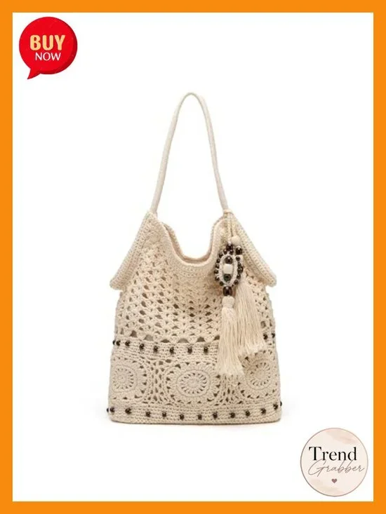 Woven Yarn Crochet Hobo Bag Tote with Tassels Boho Shoulder Purse