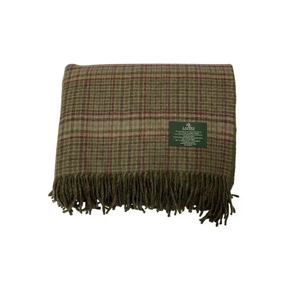 Vintage Lauren Ralph Lauren Green Plaid Wool Alpaca Blend Blanket Throw Fringe