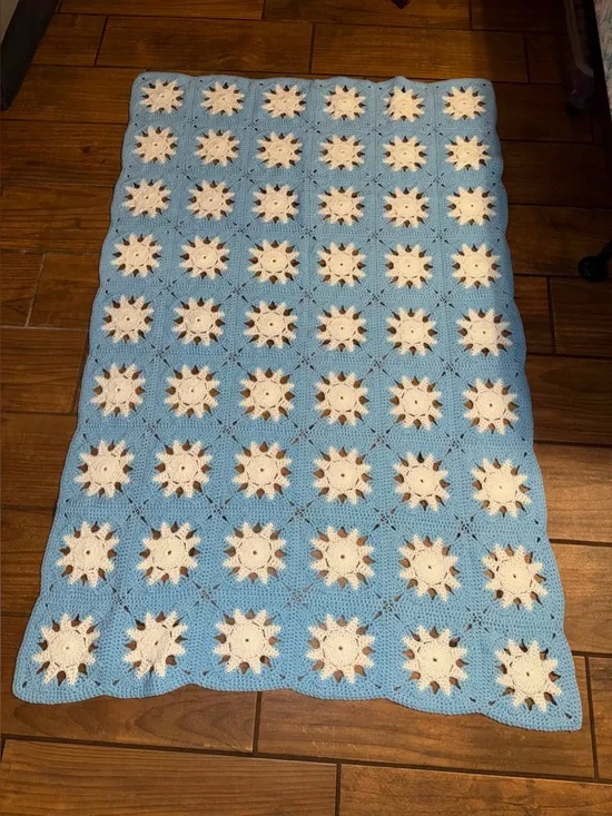 Handmade blue crochet throw afghan blanket