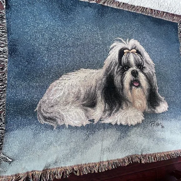 Linda Picken Shih Tzu Dog Tapestry Throw Lap Blanket 57x46 Woven Fringed Pet Art