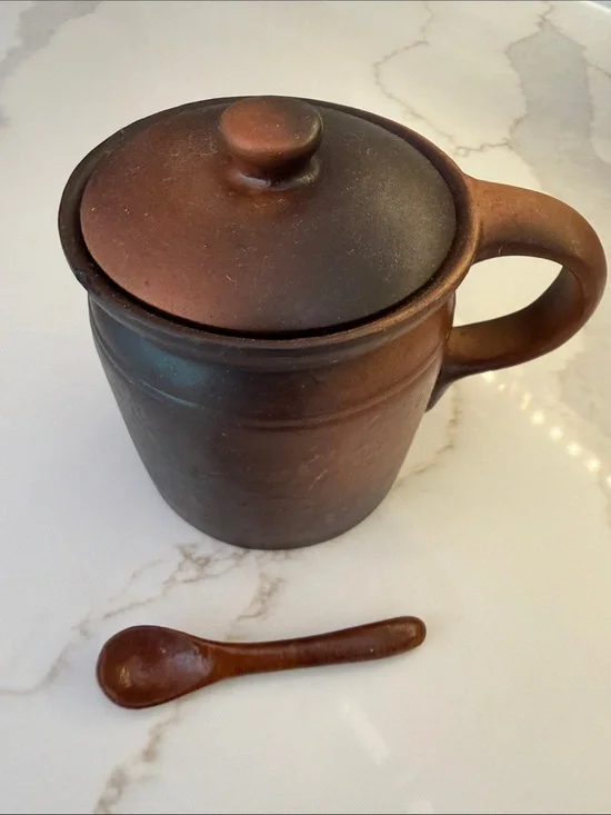 Vintage Brown Stoneware Lidded Mug with Spoon - Ceramic Tea/Coffee Cup