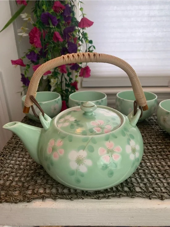 Vintage Japanese Gasho Gama Kiln Floral 5 Piece Teapot Set