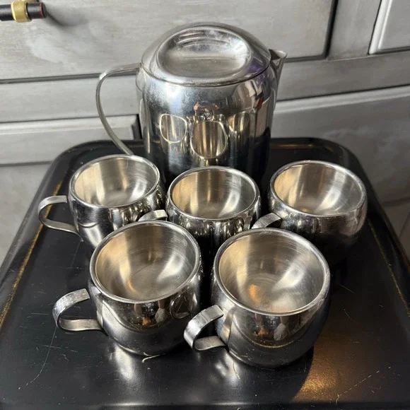 Vintage MCM 6 Pc Tramontina Stainless Steel Double Wall Espresso Tea Cups Carafe
