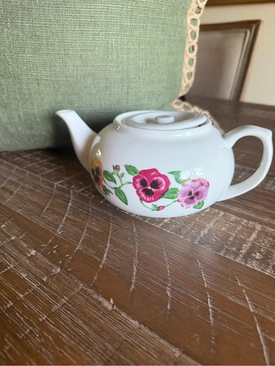 White Ceramic Teapot with Pink Floral Pansy Motif