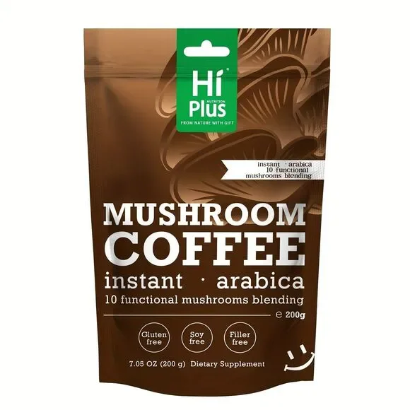 HiPlus Organic 10-in-1 Mushroom Coffee 7.05oz 200g Instant Arabica Lions Mane