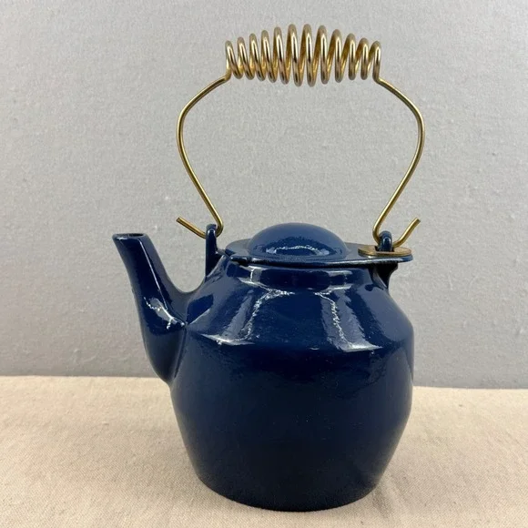 MCM‎ Blue Enamel Cast Iron Teapot Spring Handle Quistgaard Style Danish Modern