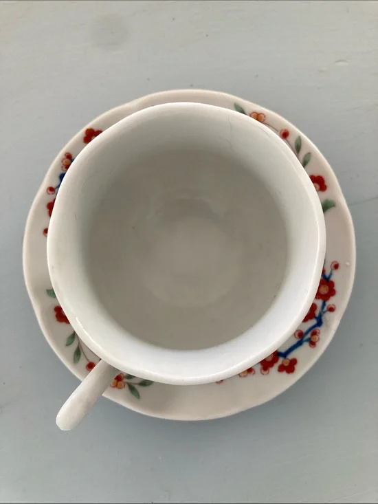 Porcelain Tea Cup & Saucer Set - White with Red Floral Pattern
