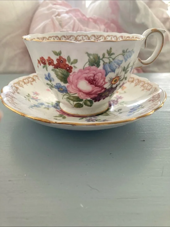 Floral Porcelain Teacup and Saucer with Pink Rose Motif