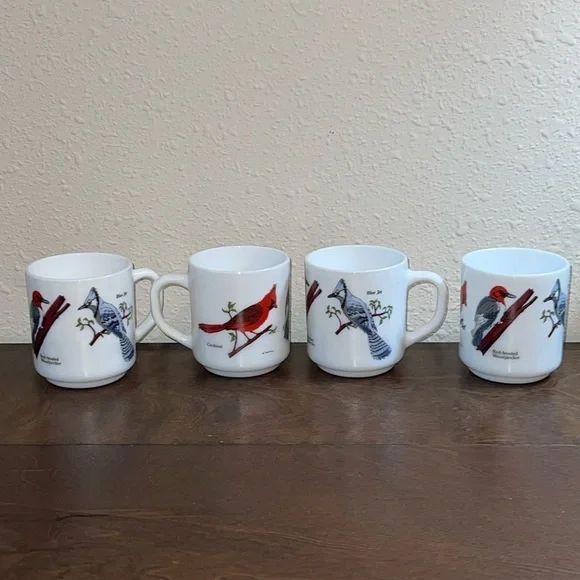 4 cups w/ Cardinals Blue Birds Red headed woodpecker