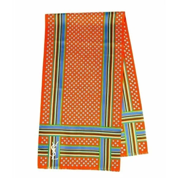 Vintage Yves Saint Laurent Rétro Bright Multicolor Floral Striped Silk Scarf