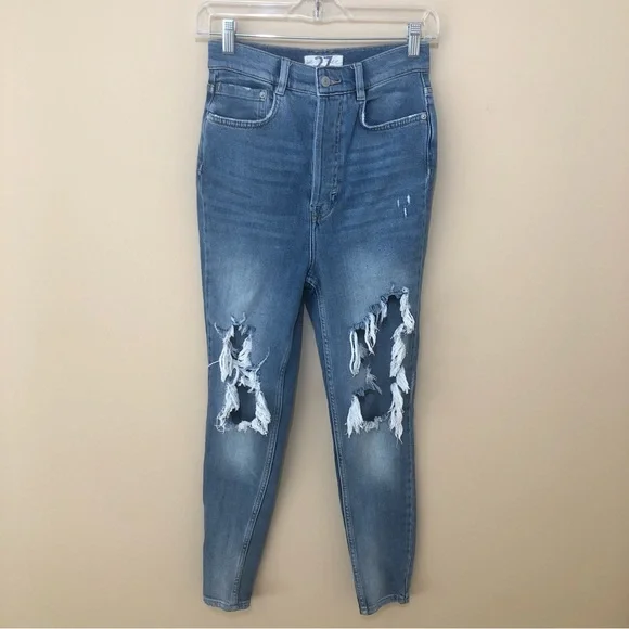Free people we the free phoenix distressed blown out knees high rise jeans