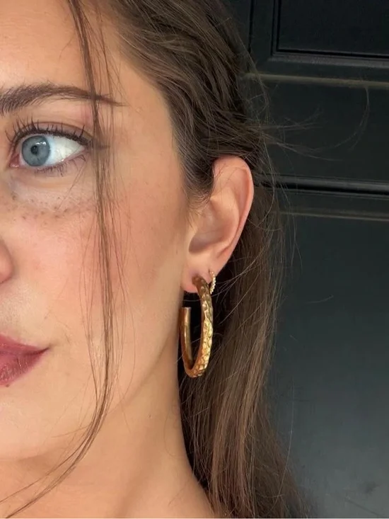 Gold sterling silver hoop statement earrings with a hammered texture #hoops