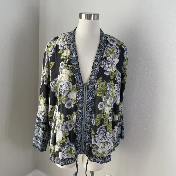 Free People Jacket Womens Medium Large Black Blue Floral Boho Kimono Pockets Zip