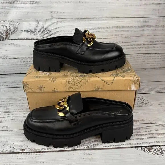 Free People Lyra Link Womens US 8.5 Mule Loafer Shoes Black Gold