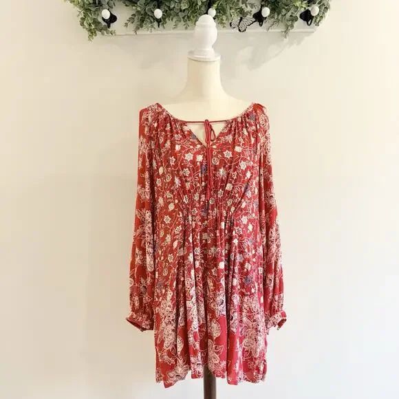 Free People Lucky Loosey Mini Dress Blood Orange Combo Boho Size Medium ZZ12 NEW