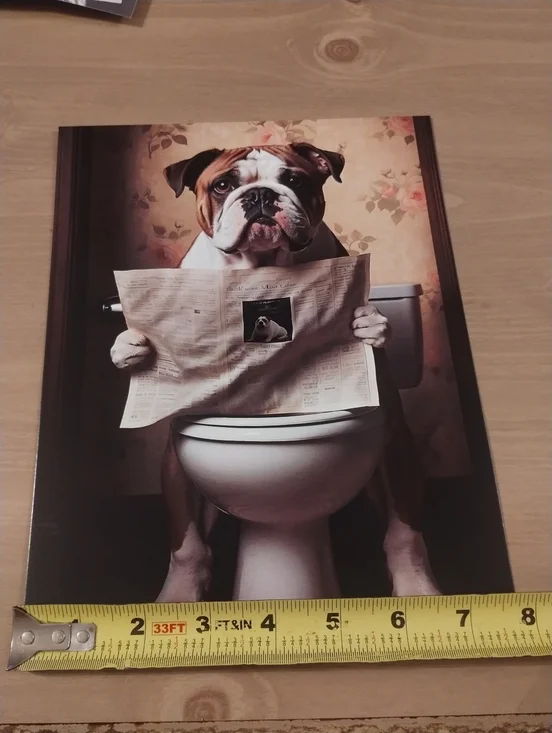 Funny Bulldog Bathroom Wall Art Print Dog Reading Newspaper Toilet Humor Decor