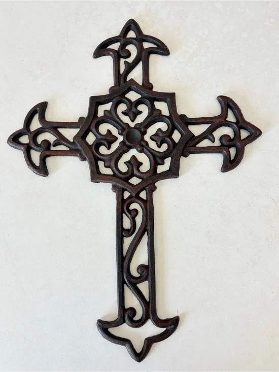 Cast Iron Ornate Fleur De Lis Floral Cross Wall Decor Retro Style 14.25”x10.5”